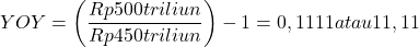\[YOY = \left(\frac{Rp 500 triliun}{Rp 450 triliun}\right) - 1 = 0,1111 atau 11,11%\]