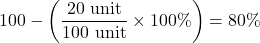 \[100 - \left(\frac{20 \text{ unit}}{100 \text{ unit}} \times 100\%\right) = 80\%\]