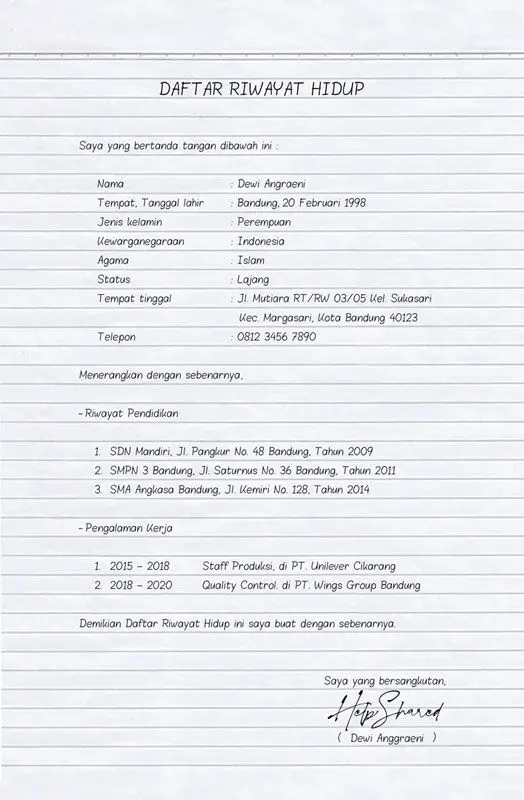 Contoh Daftar Riwayat Hidup Tulis Tangan Dikertas Folio