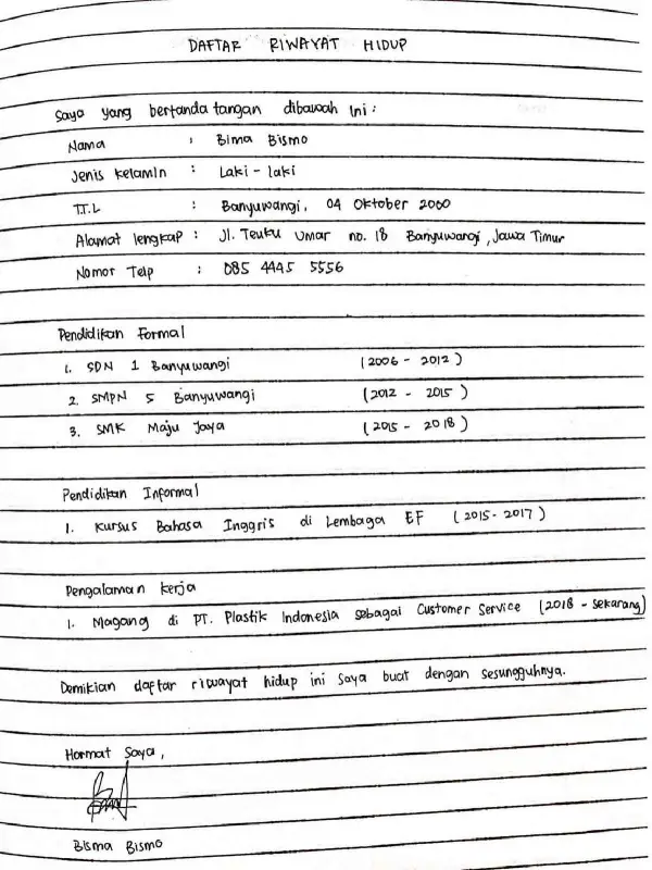 contoh daftar riwayat hidup smk