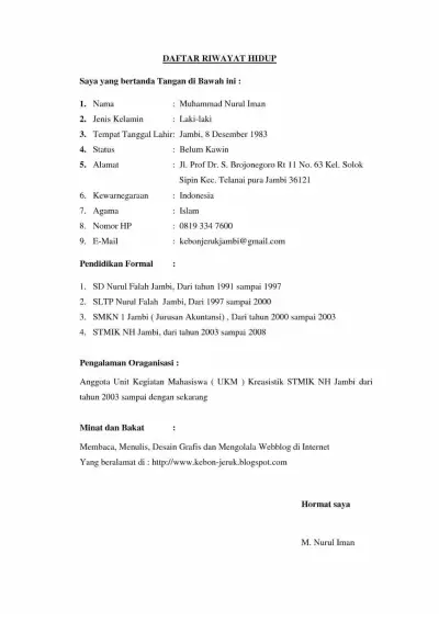 contoh daftar riwayat hidup untuk mahasiswa
