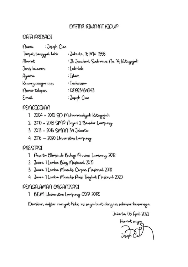 Contoh Daftar Riwayat Hidup Tulis Tangan di Kertas HVS