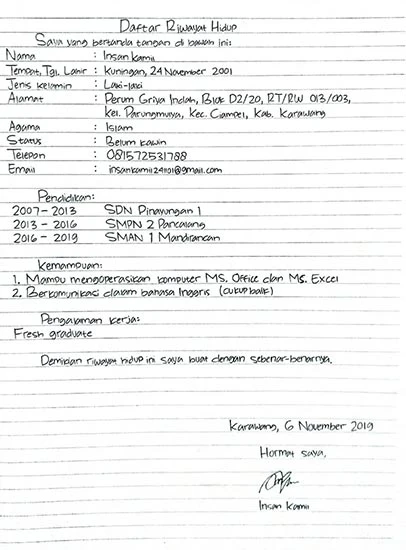 Contoh Daftar Riwayat Hidup Tulis Tangan SMA